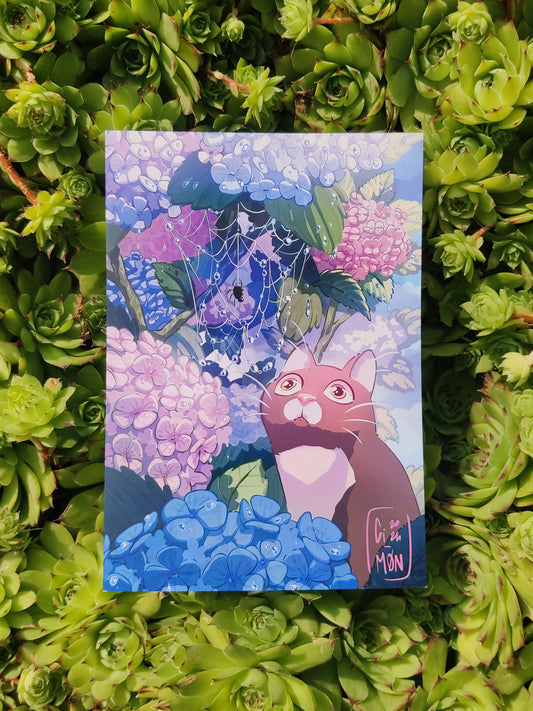 Stampa Gatto con Ortensia e Ragno 