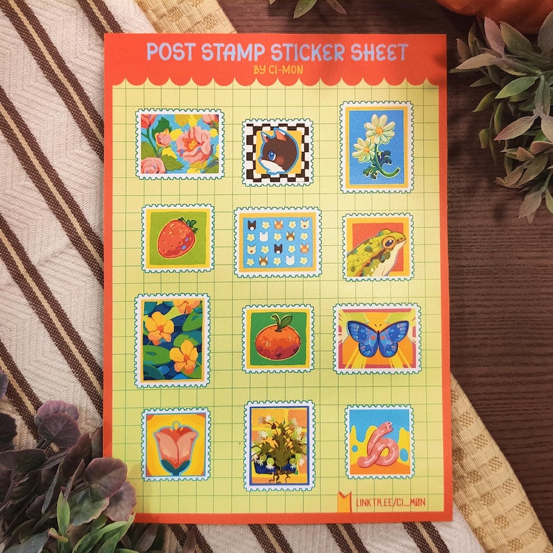 12 Cute Post Stamps Sticker Sheet