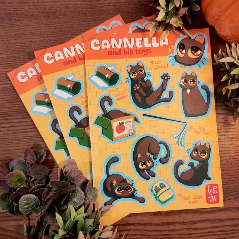 Foglio di adesivi Gatto ed i suoi giochi con 10 Sticker