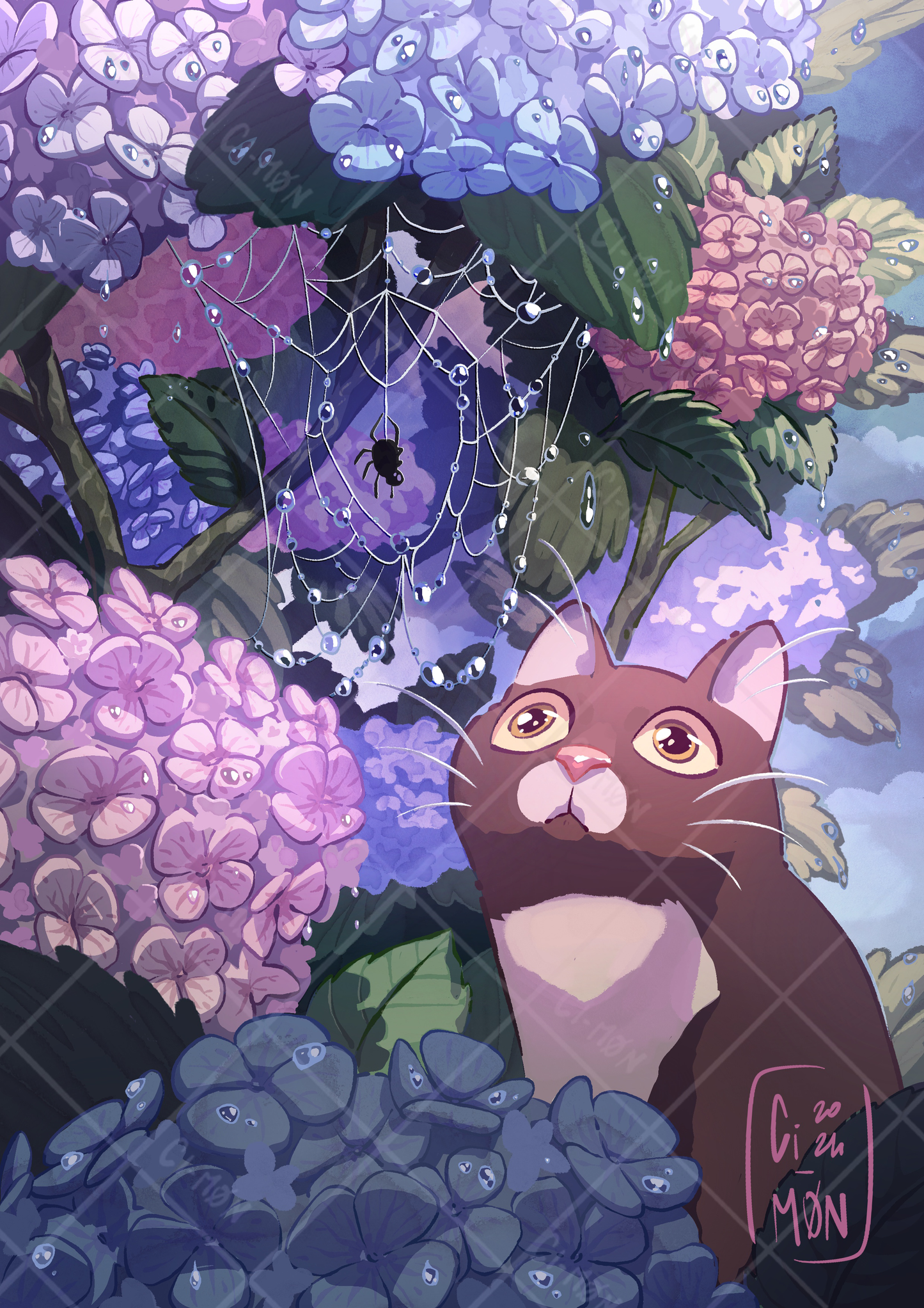 Stampa Gatto con Ortensia e Ragno 