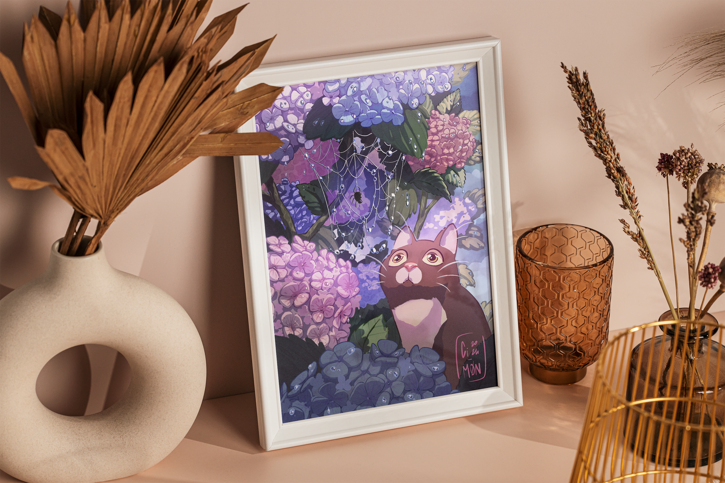 Stampa Gatto con Ortensia e Ragno 